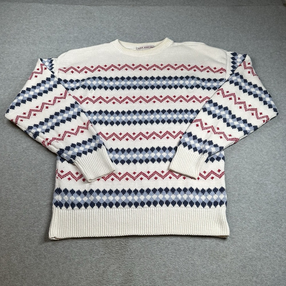 Vintage John Ashford Fair Isle Cotton Sweater Mens M White Red Blue Nordic NOTE